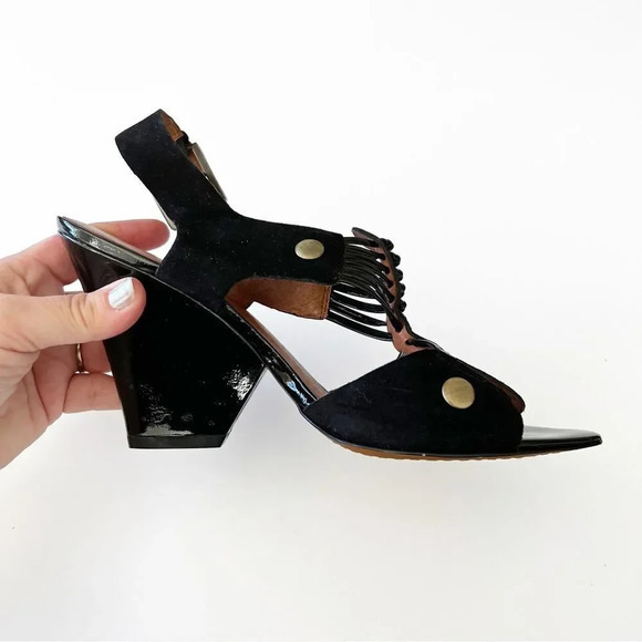 No. 704b Digna Black Suede‎ Caged Heels Wedge Size 37.5 Anthropologie Gold Luxe - Picture 2 of 10